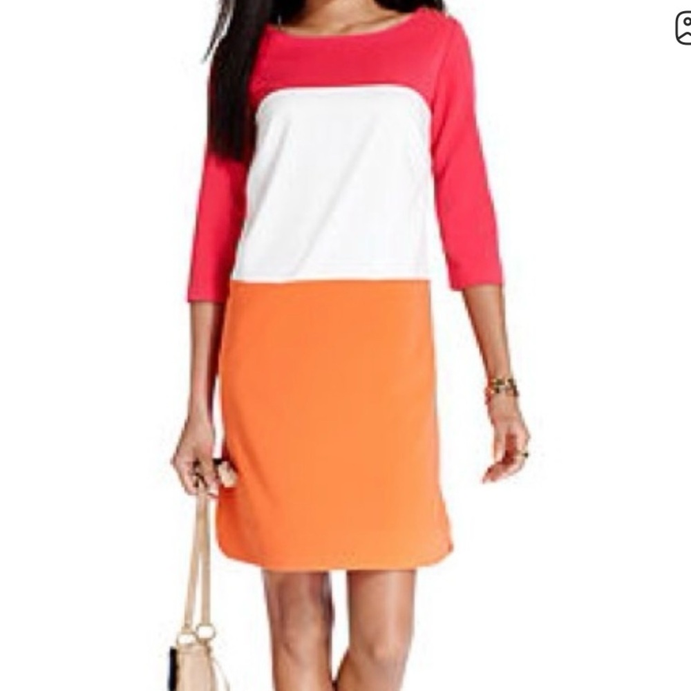 Colorblock Dress with Red Sleeves and Orange Skirt, gold buttons and front pock